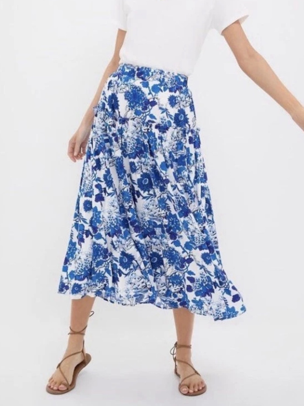Hyacinth House Blue Floral Tiered Midi Skirt Size Small 25652